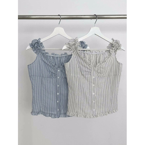 Up and on 韓系溫柔褶邊藍色條紋小飛袖短袖上衣女花邊單排釦襯衫