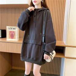 大碼寬鬆薄款休閒百搭連帽衛衣女秋冬新款加絨加厚慵懶風上衣外套