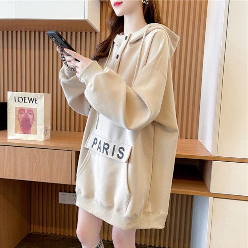 大碼寬鬆薄款休閒百搭連帽衛衣女秋冬新款加絨加厚慵懶風上衣外套