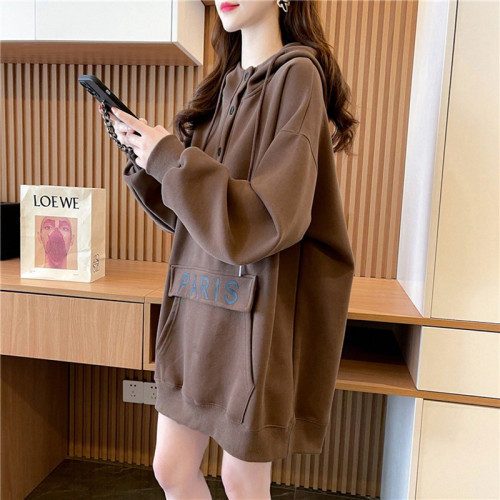 大碼寬鬆薄款休閒百搭連帽衛衣女秋冬新款加絨加厚慵懶風上衣外套