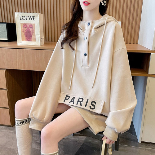 大碼寬鬆薄款休閒百搭連帽衛衣女秋冬新款加絨加厚慵懶風上衣外套