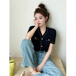 小香風v領正肩短袖t恤針織開衫女夏季2024年新款愛心鈕釦顯瘦上衣