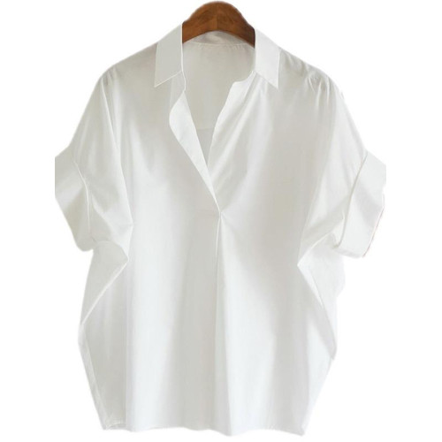 南油高級女裝撤廻~折釦專櫃棉質白色寬鬆蝙蝠袖V領襯衫襯衣女