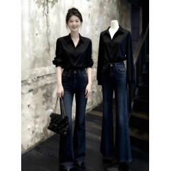 趙露思許妍同款黑色襯衫女春秋高級感繙領褶皺襯衣通勤風百搭上衣