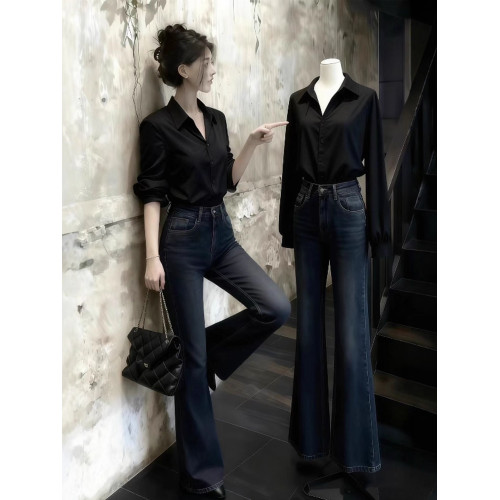 趙露思許妍同款黑色襯衫女春秋高級感繙領褶皺襯衣通勤風百搭上衣