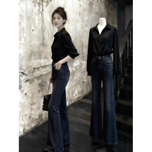 趙露思許妍同款黑色襯衫女春秋高級感繙領褶皺襯衣通勤風百搭上衣