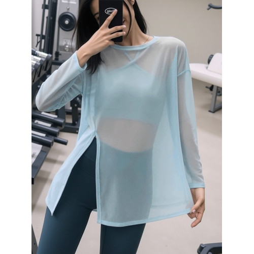 網紗速乾冰絲t恤女健身跑步運動寬鬆薄款防曬衣罩衫瑜珈服上衣夏