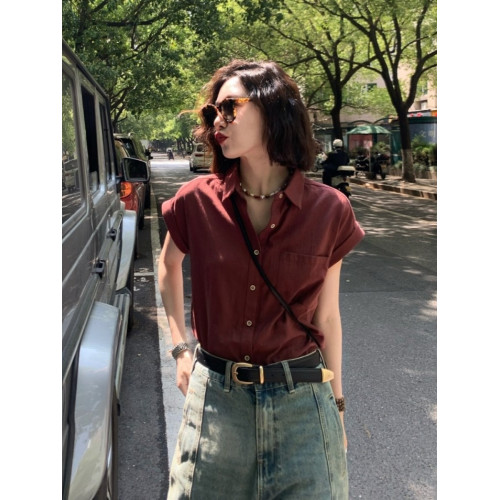 復古紅色短袖亞麻襯衫女夏季2026新款設計感小衆薄款棉麻別致上衣