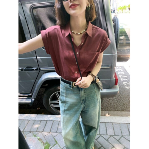 復古紅色短袖亞麻襯衫女夏季2026新款設計感小衆薄款棉麻別致上衣