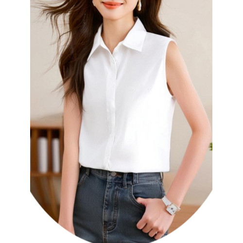 尖領無袖白襯衫女春夏季時尚職業休閒通勤簡約襯衣內搭打底衫上衣