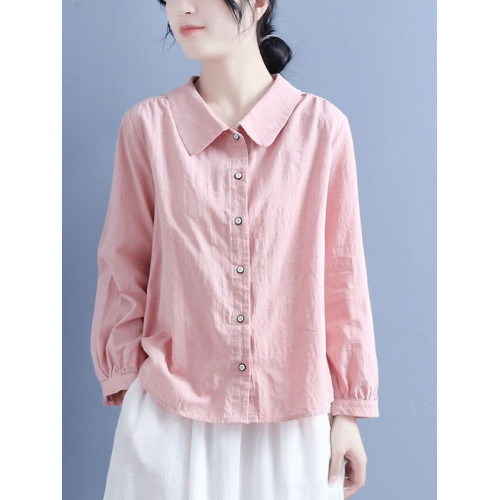 棉麻襯衫女2025春秋裝新款文藝復古風娃娃領休閒寬鬆大碼長袖上衣