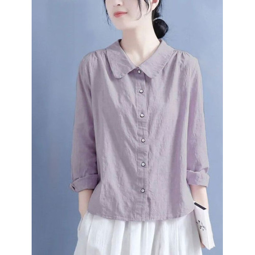 棉麻襯衫女2025春秋裝新款文藝復古風娃娃領休閒寬鬆大碼長袖上衣