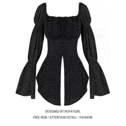 大碼胖MM法式黑色波點方領長袖襯衫女夏季設計感絕美小衫顯瘦上衣