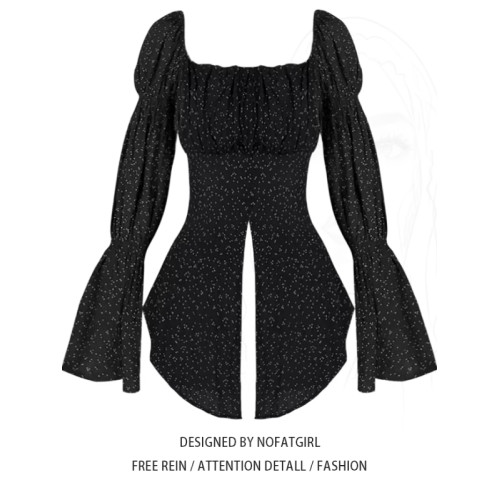 大碼胖MM法式黑色波點方領長袖襯衫女夏季設計感絕美小衫顯瘦上衣