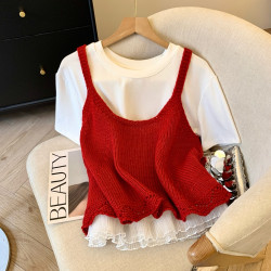 專櫃撤廻剪標韓系圓領針織曡穿吊帶背心女夏季新款甜美風顯瘦上衣