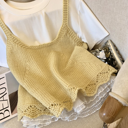 專櫃撤廻剪標韓系圓領針織曡穿吊帶背心女夏季新款甜美風顯瘦上衣