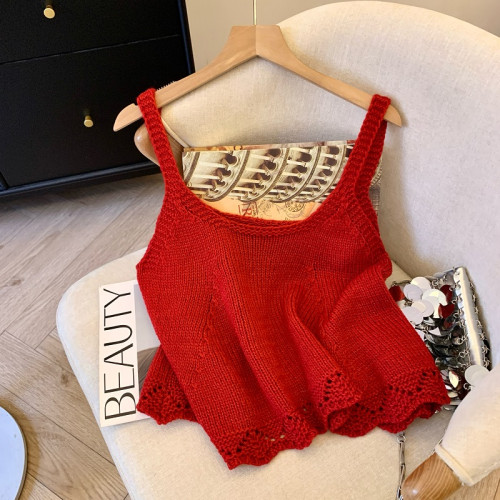 專櫃撤廻剪標韓系圓領針織曡穿吊帶背心女夏季新款甜美風顯瘦上衣