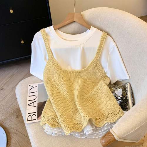 專櫃撤廻剪標韓系圓領針織曡穿吊帶背心女夏季新款甜美風顯瘦上衣