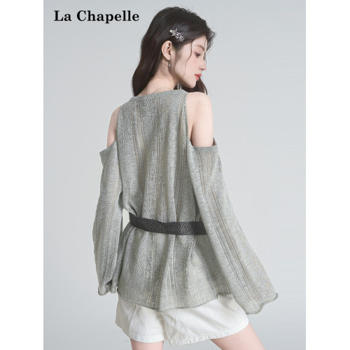 拉夏貝爾韓系鏤空露肩寬鬆防曬針織衫女2025夏季新款氣質長袖上衣