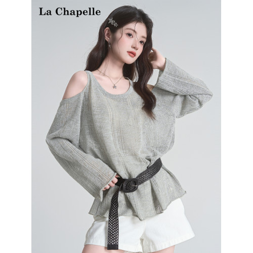 拉夏貝爾韓系鏤空露肩寬鬆防曬針織衫女2025夏季新款氣質長袖上衣