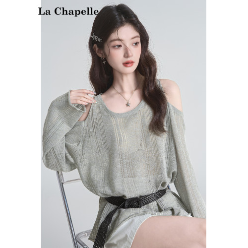 拉夏貝爾韓系鏤空露肩寬鬆防曬針織衫女2025夏季新款氣質長袖上衣