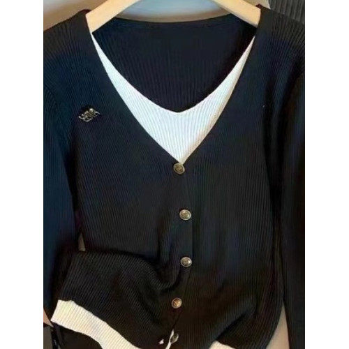 新款秋季2025年紐釦假兩件針織開衫拼接時尚顯瘦大碼長袖針織衫潮