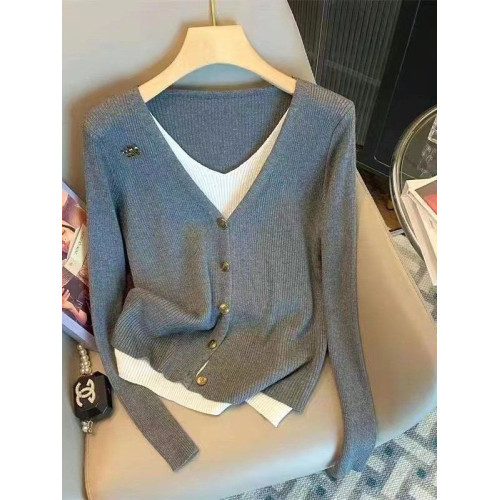 新款秋季2025年紐釦假兩件針織開衫拼接時尚顯瘦大碼長袖針織衫潮