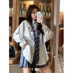 2025年新款春秋美式條紋領帶襯衫女設計感小衆復古Polo領長袖襯衣