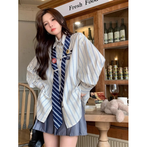 2025年新款春秋美式條紋領帶襯衫女設計感小衆復古Polo領長袖襯衣