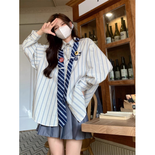 2025年新款春秋美式條紋領帶襯衫女設計感小衆復古Polo領長袖襯衣