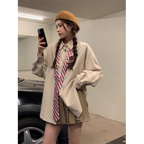 2025年新款春秋美式條紋領帶襯衫女設計感小衆復古Polo領長袖襯衣