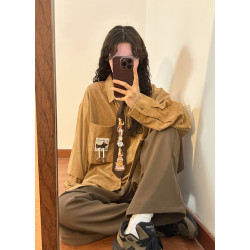 BUNACC秋季美式復古燈芯絨設計感趣味動物領帶寬鬆長袖襯衫上衣女