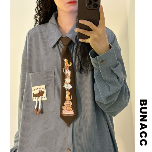 BUNACC秋季美式復古燈芯絨設計感趣味動物領帶寬鬆長袖襯衫上衣女