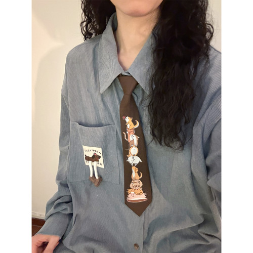 BUNACC秋季美式復古燈芯絨設計感趣味動物領帶寬鬆長袖襯衫上衣女