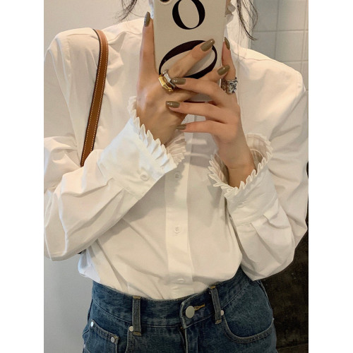 法式宮廷風漂亮花邊立領正肩白襯衫春季新款顯瘦打底純棉長袖襯衣