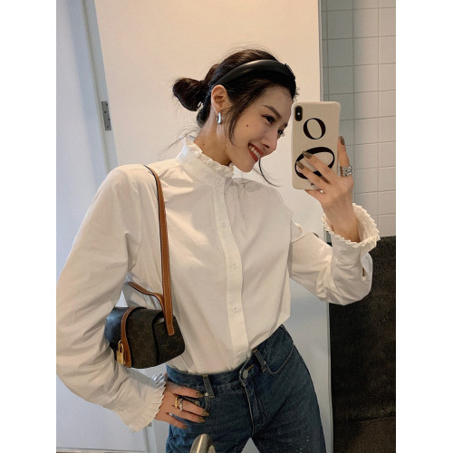 法式宮廷風漂亮花邊立領正肩白襯衫春季新款顯瘦打底純棉長袖襯衣