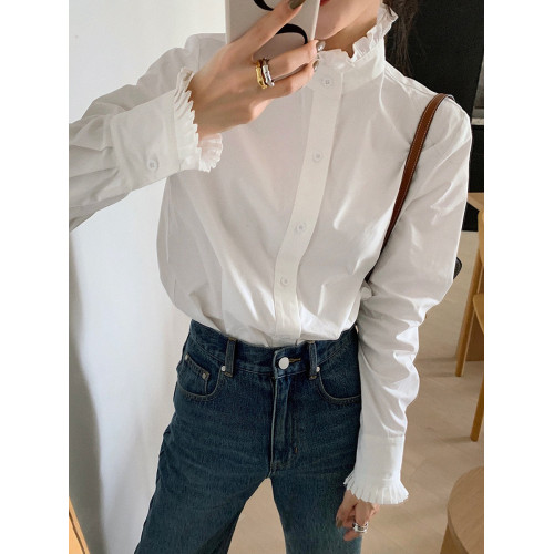 法式宮廷風漂亮花邊立領正肩白襯衫春季新款顯瘦打底純棉長袖襯衣