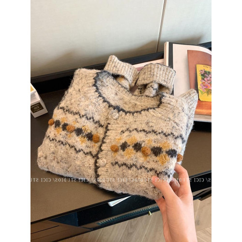 專櫃撤廻剪標冬季穿搭提花圓領軟糯毛衣開衫女慵懶風休閒針織外套