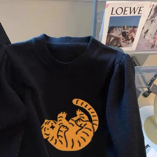 專櫃撤廻剪標趣味老虎套頭毛衣女春季新款慵懶風復古短款針織上衣