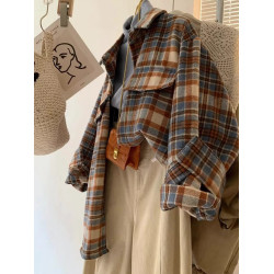 美式復古磨毛加厚格子長袖襯衫女秋冬寬鬆慵懶風百搭毛呢襯衣外套