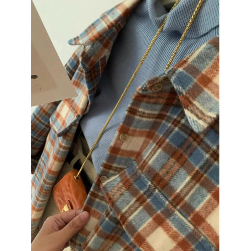 美式復古磨毛加厚格子長袖襯衫女秋冬寬鬆慵懶風百搭毛呢襯衣外套