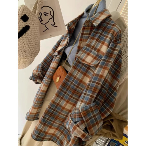 美式復古磨毛加厚格子長袖襯衫女秋冬寬鬆慵懶風百搭毛呢襯衣外套