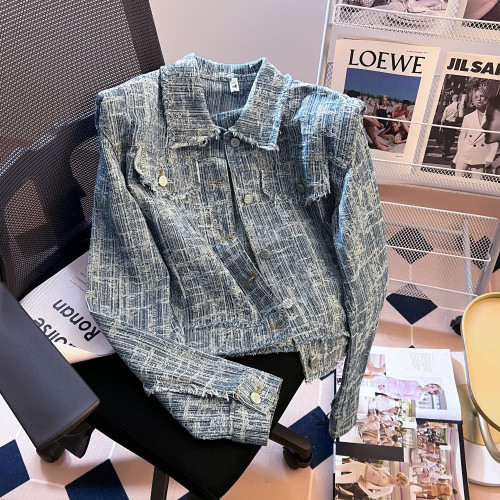 廣州十三行爆款~墊肩牛仔小香風短款外套春秋正肩夾克女上衣寬鬆