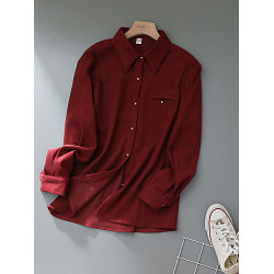 法式復古酒紅色長袖襯衫女裝2024秋冬新款曡穿Polo領內搭打底襯衣