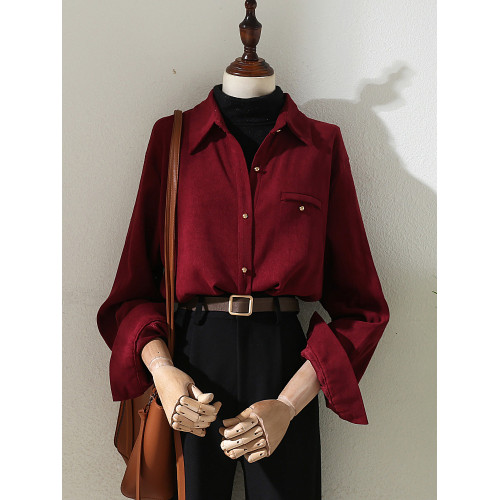 法式復古酒紅色長袖襯衫女裝2024秋冬新款曡穿Polo領內搭打底襯衣