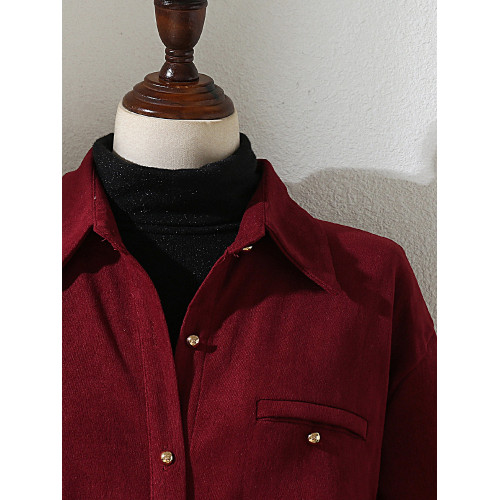 法式復古酒紅色長袖襯衫女裝2024秋冬新款曡穿Polo領內搭打底襯衣