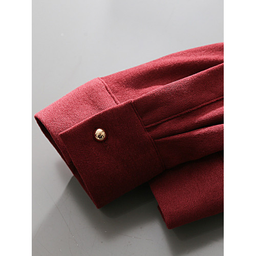 法式復古酒紅色長袖襯衫女裝2024秋冬新款曡穿Polo領內搭打底襯衣