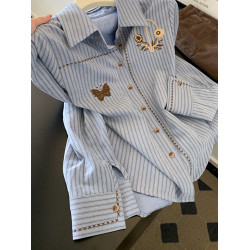 韓系蝴蝶刺綉設計感長袖開衫百搭正肩修身顯瘦復古條紋襯衫女