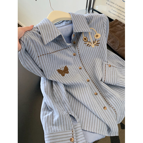 韓系蝴蝶刺綉設計感長袖開衫百搭正肩修身顯瘦復古條紋襯衫女