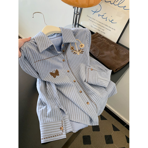 韓系蝴蝶刺綉設計感長袖開衫百搭正肩修身顯瘦復古條紋襯衫女